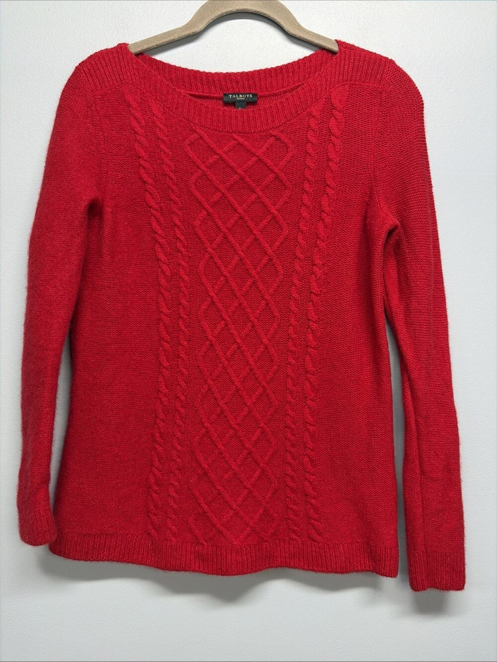 Talbots Petites Small Cable Knit Wool/Cashmere Blend Sweater -Red- Boat Neck